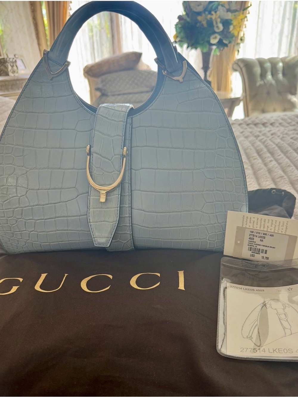 Gucci Light Blue Croc-Embossed Leather Shoulder Top-Handle Bag